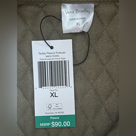 Vera Bradley Teddy Fleece Floral Quilted Green Sage 1/4 Zip Pullover Size XL NEW - Picture 12 of 12